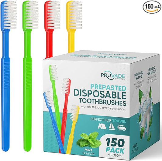 Pruvade 150 Pack Disposable Toothbrushes with Toothpaste, Built in | Prepasted Toothbrushes Individually Wrapped | Single Use Waterless Tooth Brush Soft Bristles for Airbnb, Hotel, Camping, Travel