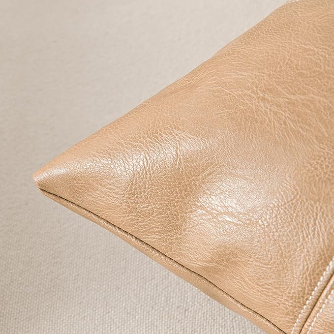 Fancy Homi Tan Boho Long Square Faux Leather Decorative Throw Pillow Covers 24x24 Inch for Living Room Couch Bed Sofa, Hand Stitched Cushion Case, Rustic Modern Farmhouse Home Decor