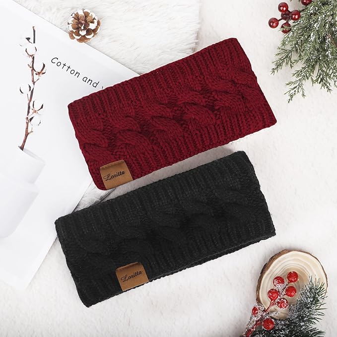 Loritta 2 Pack Headbands for Women Winter Warm Cable Knit Ear Warmer Thick Head Wrap Fuzzy Fleece Lined Gifts