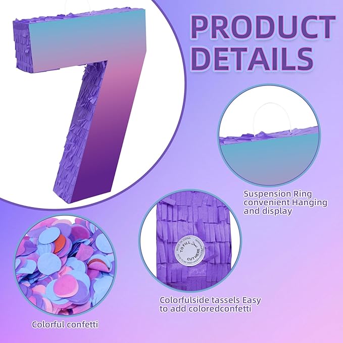 Purple Birthday Party Decorations, Purple Number 7 Pinata with Stick Blindfold Confetti for Girls Boys 7th Birthday Activity Game Gift (15.7 x 11.5 x 3 In)