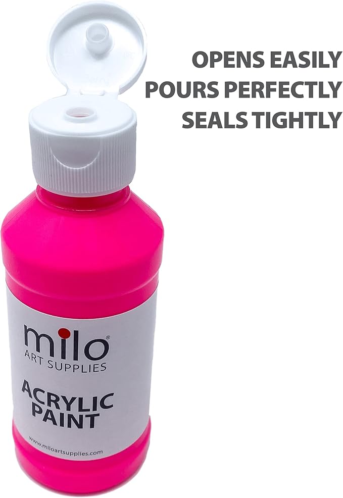 milo Fluorescent Acrylic Paint Set of 6 Colors | 4 oz Bottles | Student Neon Colors Acrylics Painting Pack | Made in the USA | Non-Toxic Art & Craft Paints for Artists, Kids, & Hobby Painters
