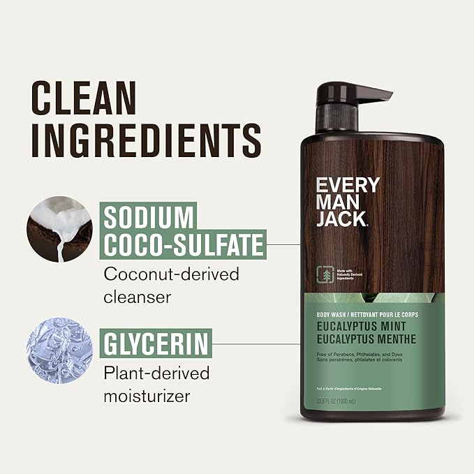 Every Man Jack Eucalyptus Mint Hydrating Mens Body Wash for All Skin Types - Cleanse, Nourish, and Hydrate Skin with Naturally Derived Ingredients - Paraben Free, Phthalate Free, Dye Free - 33.8oz