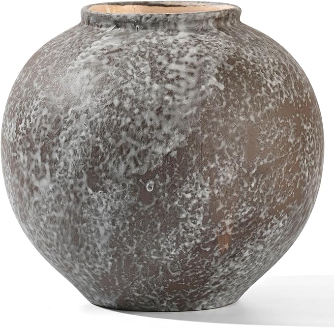 Rustic Ceramic Vintage Farmhouse Vase for Decor (Small Brush Black) | 8.8'' Textured Stone Vase Home Decor, Decorative Terracotta Round Clay vase for Living Room, Table, Shelf, Kichen Décor