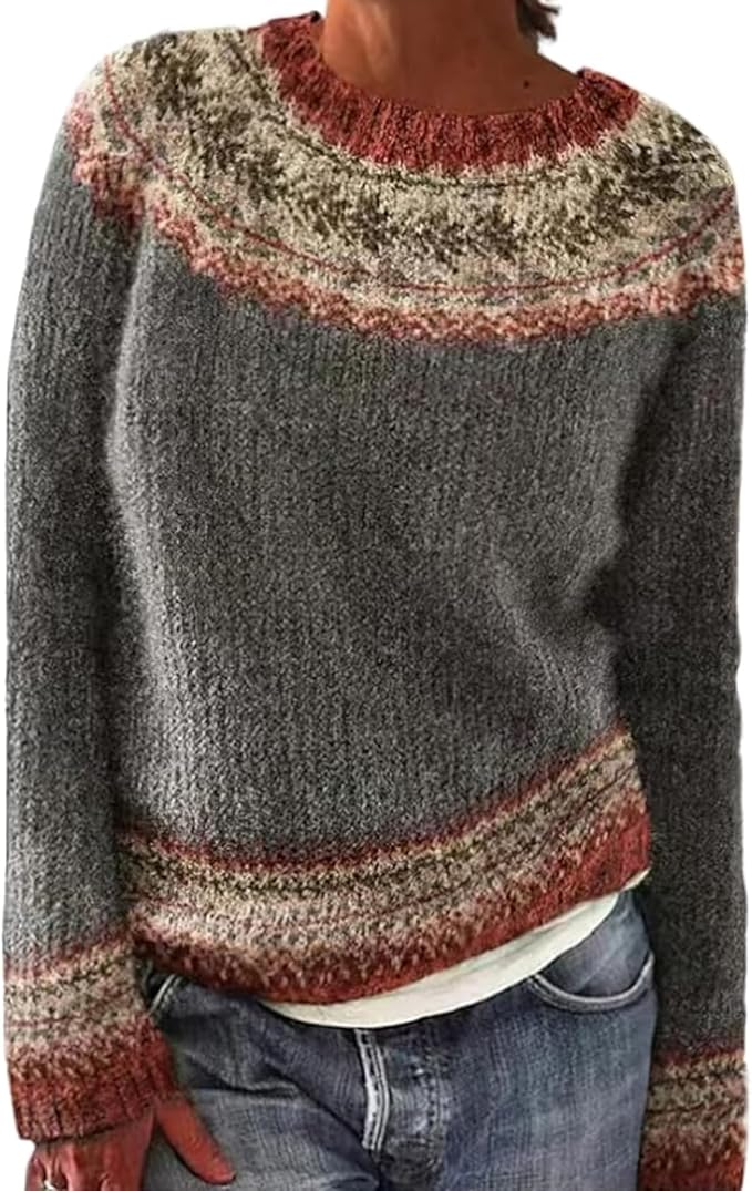 Zhyaj Fair Isle Sweater for Womens Winter Long Sleeve Vintage Knitted Sweater Casual Fall Crew Neck Pullover Sweaters