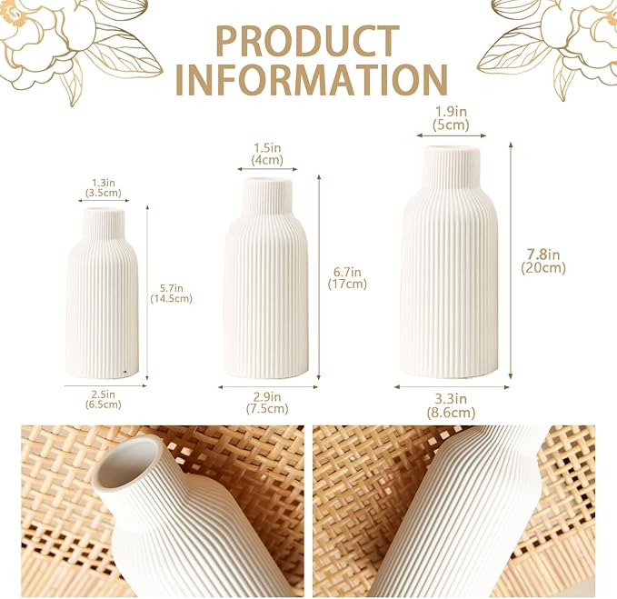 Bohemian White Ceramic Vase - for Pampas Grass, Mantel, Bookshelf, Entryway and Living Room Decor (White, Set of 3)