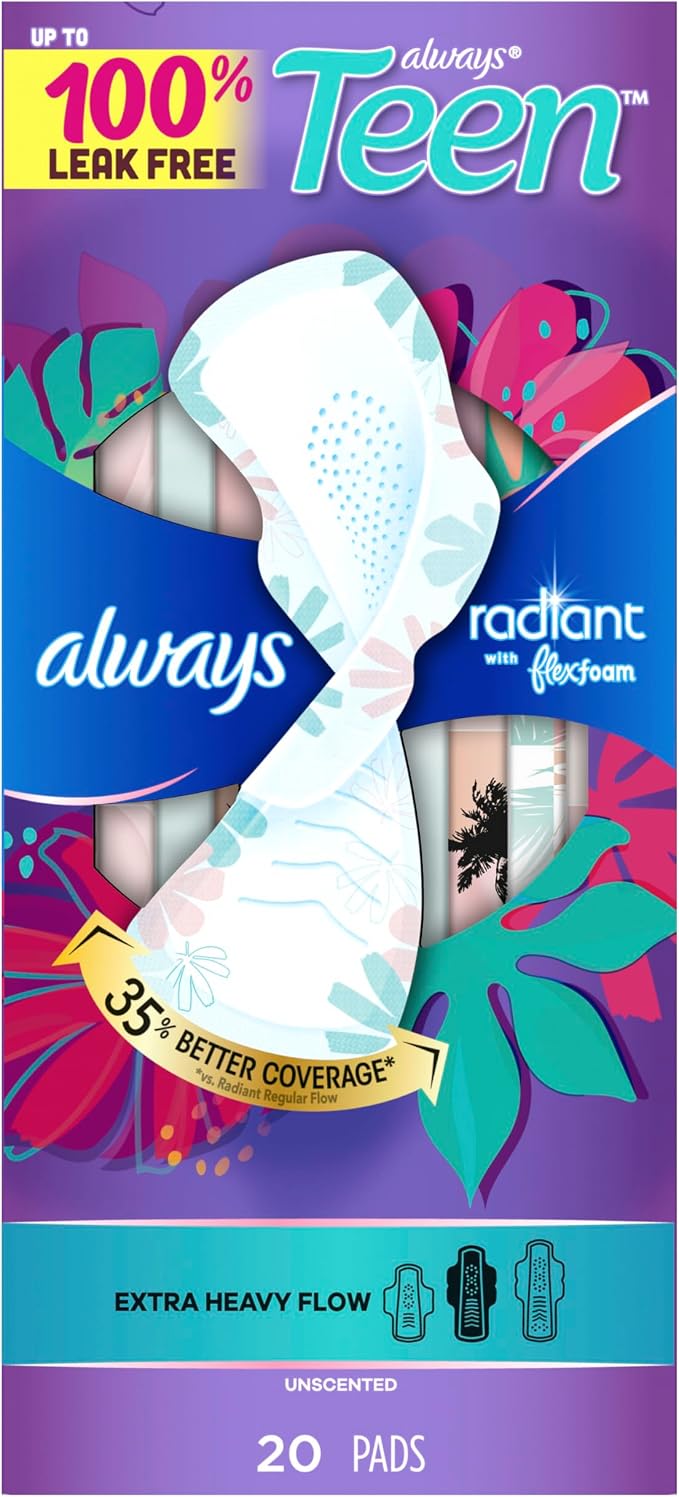 Always Radiant Teen Pads, Size 3, Extra Heavy, with Wings, Unscented,60 Count (Pack of 2)