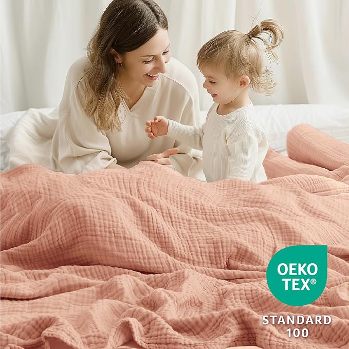 100% Cotton Muslin Blanket Queen 90" x 90", 6 Layers Breathable and Lightweight Cotton Throw Blankets for Bed, Soft Cooling Summer Gauze Blanket for Adults All Season, Dusty Rose‌