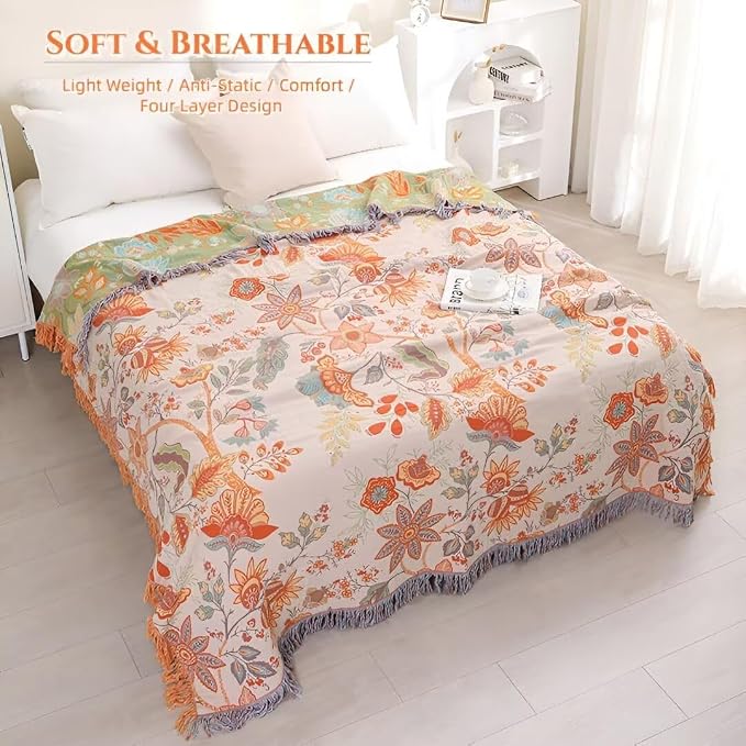 Boho Throw Blanket for Bed 100% Cotton Bohemian Blankets Ultra Soft Woven Muslin Decorative Blankets All Seasons Vintage Quilt Knitted Blanket for Sofa Chair(Orange, 80"x90")