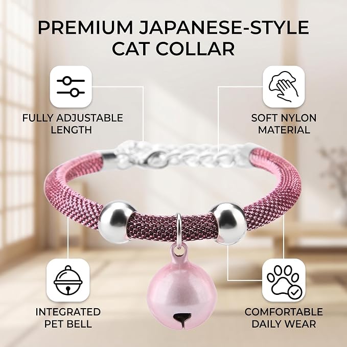Japanese Pets Cat Collar, Adjustable Kitty Kitten Necktie Nylon Necklace Grooming Accessories Pet Supplies with Bell Extension Chain for Wedding Party Birthdays Photoshot (Pink)
