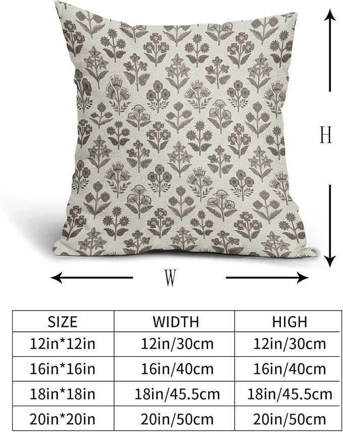 Dark Brown Floral Pillow Covers 22x22 Inch Set of 2, Vintage Flower Block Print Pattern Decorative Throw Pillowcases Outdoor Farmhouse Cushion Covers Spring Summer Rustic Sofa Couch Bed Decor