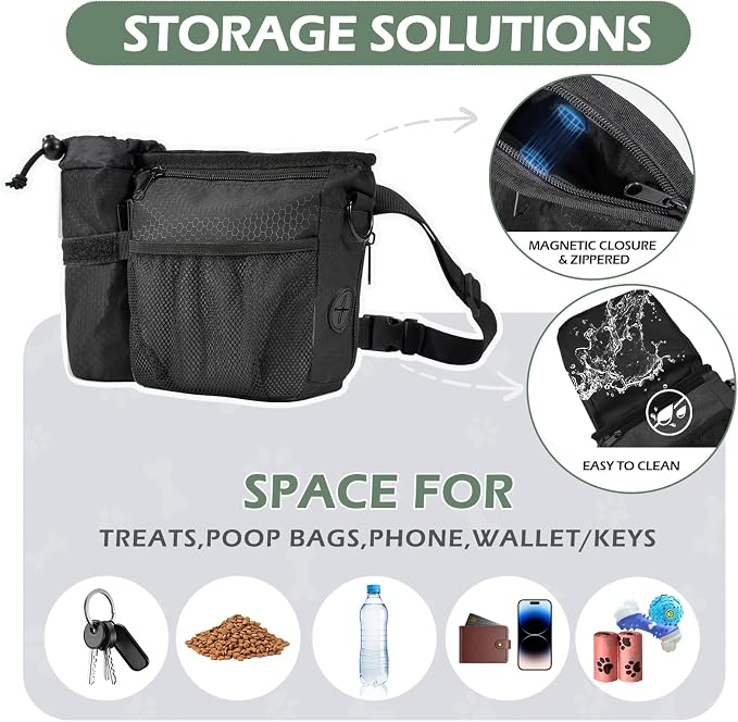 Dog Treat Training Pouch Built-in Poop Bag & Side Pocket Dispenser