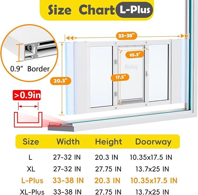 Dog Door for Window, Aluminum Frame Window Pet Door, Adjustable to Fit 33"-38" Width Sliding Windows, Magnetic Closure, Fits Dogs up to 100lb, Large-Plus