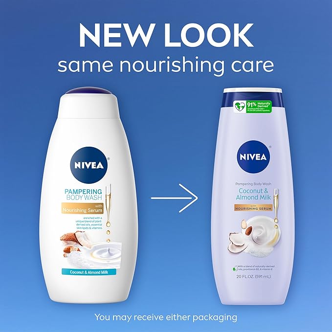 NIVEA Pampering Coconut and Almond Milk Body Wash with Nourishing Serum, Moisturizing Body Wash for Women, Enriched with Provitamin B5 and Vitamin E, 20 Fl Oz Bottle (Pack of 2)