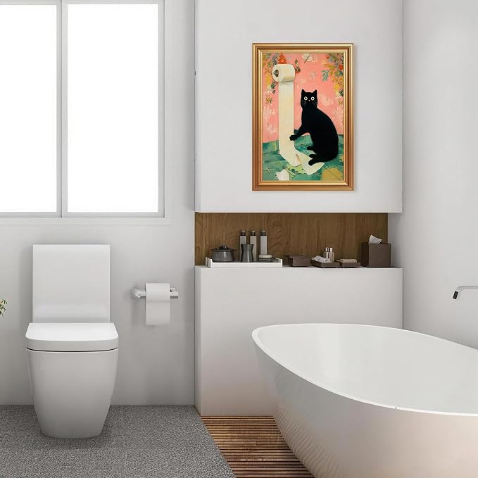 ICHZUMW Gold Framed Funny Black Cat Toilet Paper Canvas Wall Art, 16x24 In | Quirky Cat Print Humorous Pink Bathroom Wall Decor, Restroom Powder Room Guest Toilet, Fade Resistant, Ready to Hang