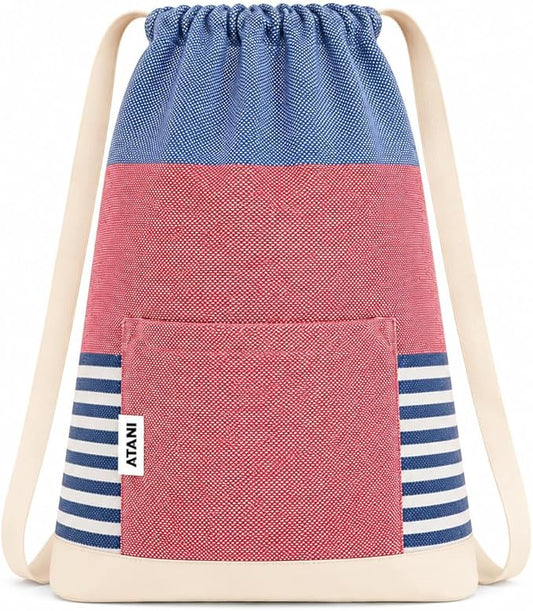ATANI Turkish Beach Towel (71x39 Inches), Converts to a Bag, Oversized 100% Cotton Bath Towels Lightweight Quick-Dry Beach Blanket for Travel, Picnic, Camping, Yoga and Pool (Red x Navy Blue)