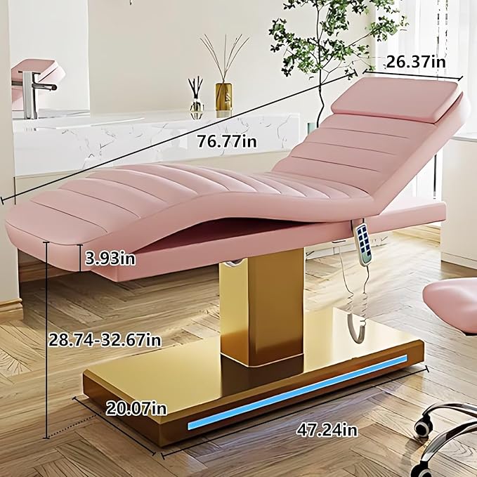 Massage Table-Electric Massage Table with Pink Light Luxury Style, Facial Beauty Table Includes Intelligent Angle Adjustment, Ambient Light