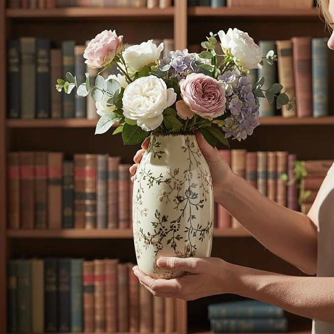 LIFFY Ceramic Vase Green and Beige Vintage Home Decor, Chinoiserie Floral Vase, Rustic Ceramic Large Vases for Home Decors, Living Room, Bookshelf, Office, Chinoiserie Decors, Tuscan Decor 7.5 Inch