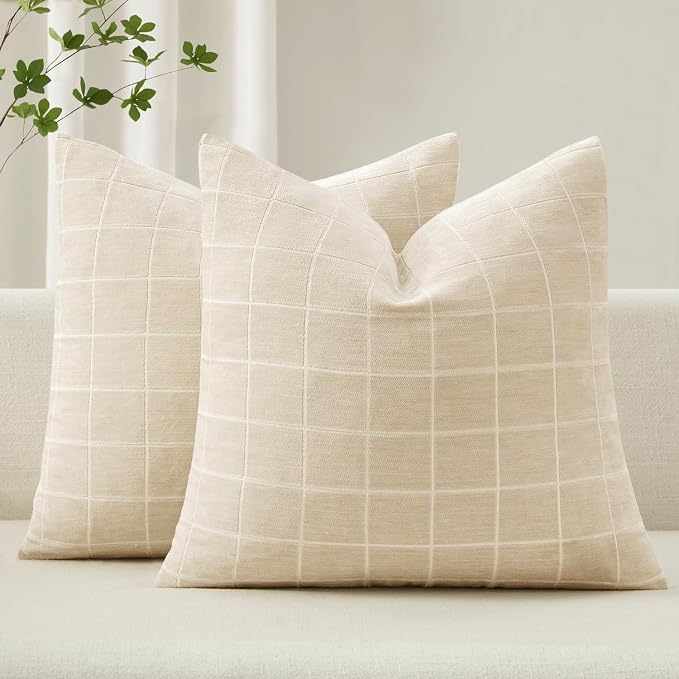 MIULEE Beige Plaid Decorative Euro Throw Pillow Covers 22x22 Set of 2 | Vintage, Check Chenille Couch Pillows, Neutral Boho Farmhouse Cushion Covers, Modern Home Decor for Sofa Bed Living Room