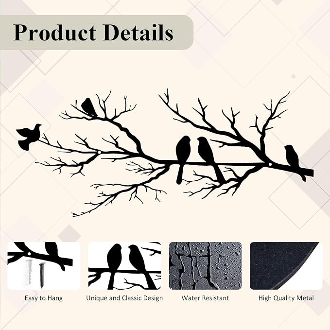 ESTART Metal Birds Wall Art, Metal Vivid Birds on Branch Silhouette Wall Decor Black Leaves with Bird Outdoor Hanging Wall Sculpture for Home Balcony Garden (Small)