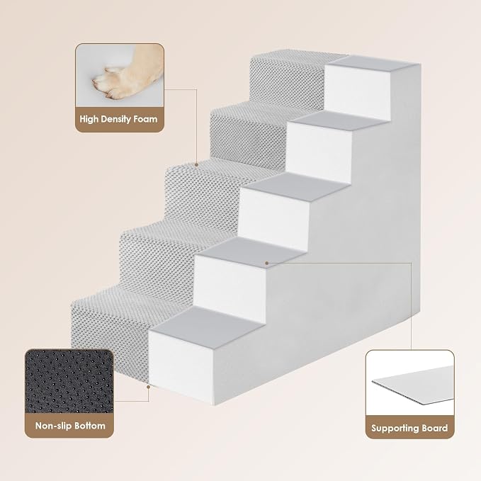 EHEYCIGA Dog Stairs for High Bed 22.5" H, 5-Step Extra Wide Dog Steps for Bed, Pet Steps for Small Dogs and Cats, Non-Slip Balanced Pet Ramp Indoor, Light Grey