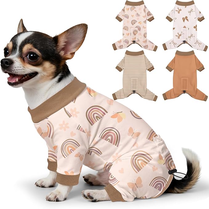 Bienbee Dog Pajamas, 4 Pack Adjustable Onesies for Small to Large Dogs XS | Dog Shedding Suit with Soft Fabric, Breathable & Stretchy, and Adjustable Back Length for Sleeping Lounging and Daily Use