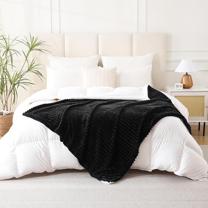 Black Sherpa Fleece Throw Blanket 90”×90”for Couch Sofa Bed | Double Side Soft Fuzzy Cozy Plush Thick Flannel Blanket with Striped Design Gift for Adults,Woman