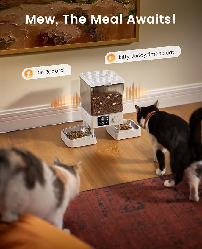 oneisall Automatic Cat Feeder for 2 Cats Pets, Timed Cat Food Dispenser | 20 Cups/5L, Prevent Fighting, Precise Portion, Balanced Dispense, Non-Slip & Stable, Voice Recorder, Stainless Steel Bowls
