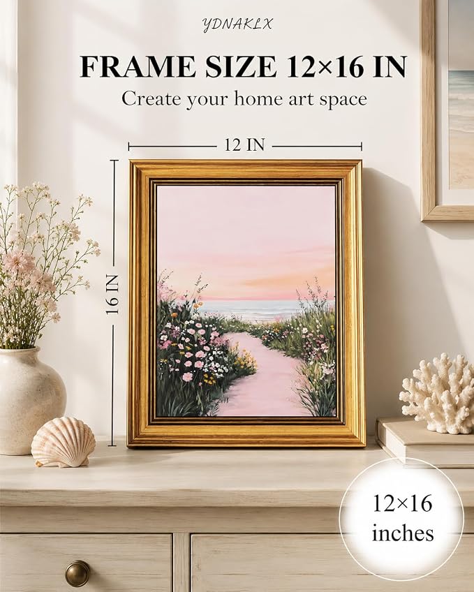 Gold Framed Wall Art, Pink Coastal Seascape Canvas Prints, Pink Sky Beach Wildflower Landscape Picture Wall Decor, Dreamy Beachy Aesthetic Artwork for Living Room Bedroom 12x16 inch