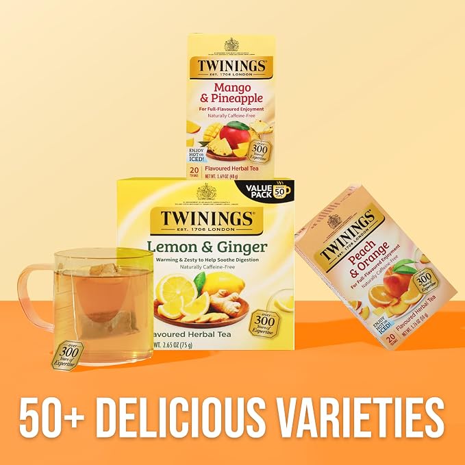 Twinings Mango & Pineapple Herbal Tea Individually Wrapped Bags, 20 Count (Pack of 6), Naturally Caffeine-Free, Enjoy Hot or Iced, 120 Teabags