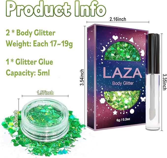 Laza 2 Jars St. Patrick’s Day Body Glitter Iridescent Chunky Sequins with Glitter Glue Women Eyeshadow Makeup Face Paint Festival Rave Outfits Hair Accessories Carnival Party Costumes- Gold Blue Green