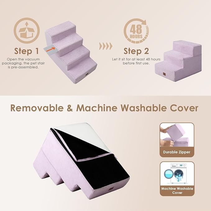 EHEYCIGA Dog Stairs for Small Dogs 13.5" H, 3-Step Dog Steps for Cats, Lilac