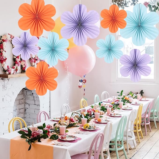 SUNBEAUTY 9 Pcs Paper Flowers Decorations for Wall, Blue and Orange for Wall Paper Flower Fan Classroom Decoration Paper Floral Backdrop Decor Paper Fans Decoration Hanging Paper Flower Wall Decor