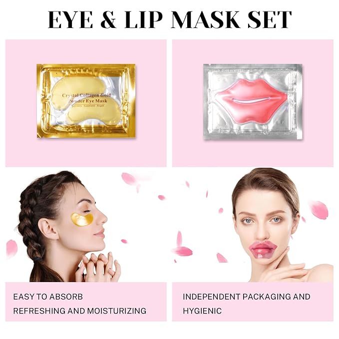 30 Pairs Lip Masks & Eye Masks, 24K Gold Crystal Gel Collagen Eye Pads, Under Eye Patches for Puffy Eyes, Dark Circles, Bachelorette Party Favors, Bridesmaid Gifts, Wrinkles and Fine Lines