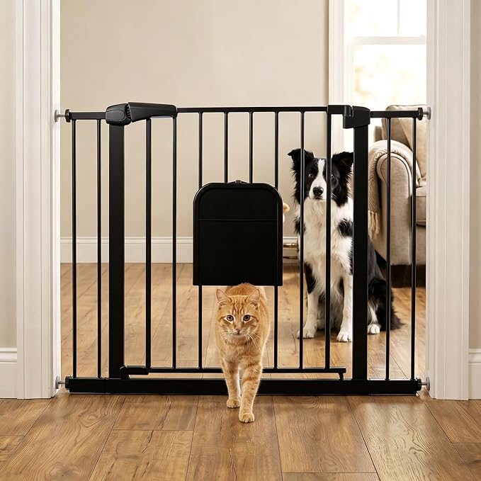 31-46“ Metal Pet Gate with Cat Door, Auto Close, Black | Pressure Mounted,Two-way swing door,Pressure mounted no drill setup,adjustable 31-46in width for indoor doorways & stairs
