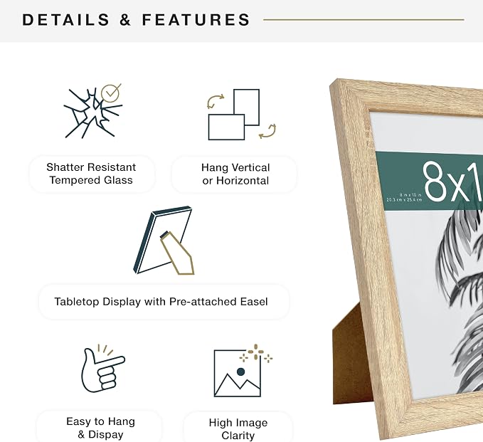 MCS Studio Gallery 8x10 Picture Frame Natural Woodgrain Engineered Wood, Vertical & Horizontal Wall Hanging & Easel for Tapletop Display, Rectangle Photo Frame for Photos, Posters & Art Prints (1-Pack)