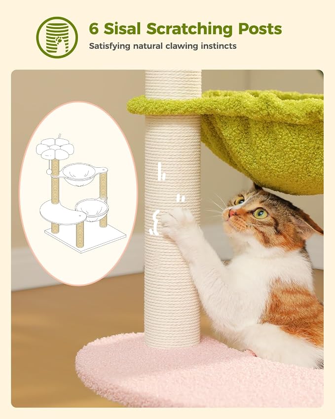 37.4" Flower Cat Tree with 2 Hammocks & 6 Sisal Posts, Pink | Flower top perch, 2 spacious hammocks, 6 sisal posts, Cute small tower, For indoor kittens, Sturdy build