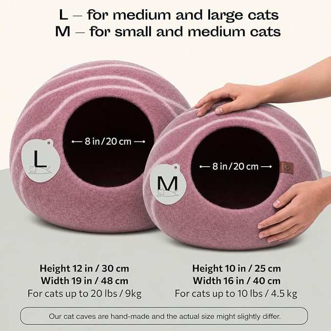 Cat Cave - Merino Wool Bed for Indoor Cats (Rose Gold, Large) | Cat Bed Enclosure, Premium Felt, Handmade, Super Soft, Lightweight, Breathable, Adjustable Shape