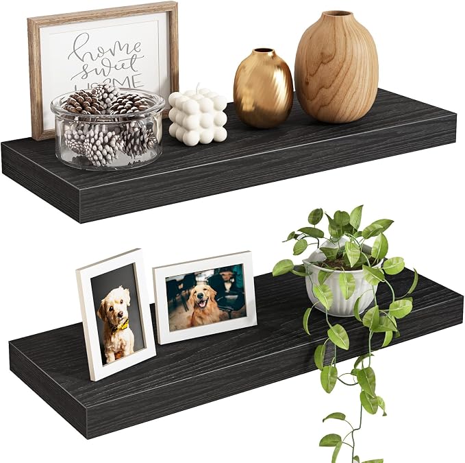 Fixwal Floating Shelves for Wall Decor (Black, Set of 2, 15.7 Inch) | MDF Shelves with Metal Brackets, Space Saving for Books, Decor, Works in Bathroom, Kitchen, Living Room, Bedroom