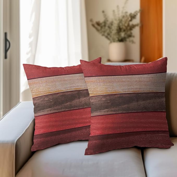 Kawani Red Wooden Throw Pillow Covers 16x16 Inches - 2 PCS Brown Farmhouse Wood Grain Cotton Linen Square Pillow Cushion Case with Hidden Zipper for Bed Couch Bedroom Living Room Decor
