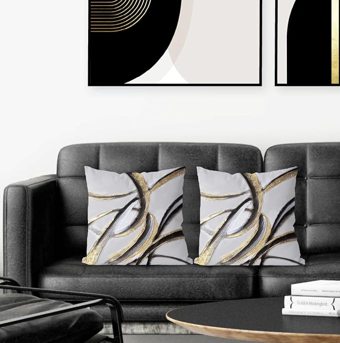 Black Gold Pillow Covers, Abstract Black and Gold Pillow Covers 18x18 Set of 2, Modern Boho Home Decor, Black and Gold Pillows Decorative Throw Pillows for Couch Living Room Bedroom