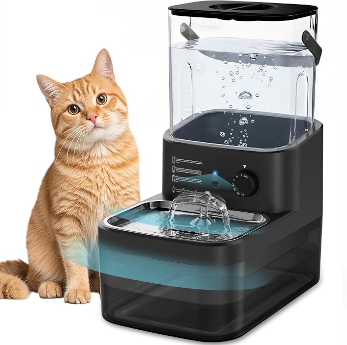 3L Filterless Cat Water Fountain, Wireless, Wastewater Separation | 4000mAh Rechargeable Battery,Motion Sensor Activation,Separate Water Tanks,Gravity Water Refill,Stainless Steel Bowls,Quiet