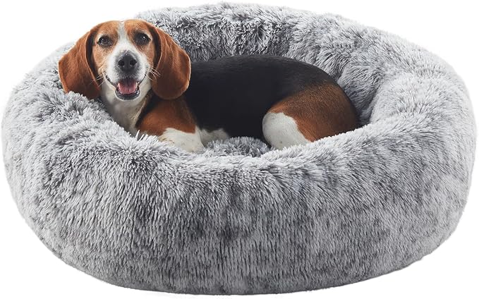 33 in Faux Fur Fluffy Donut Dog Bed for Medium Plus Dogs,Dark Grey | Calming Plush Round Pet Bed with Removable & Washable Cover,Fits up to 65 lbs Pets