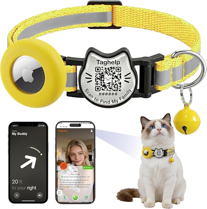 Cat Collar with AirTag Holder, QR Code Tag and Bell (Yellow)