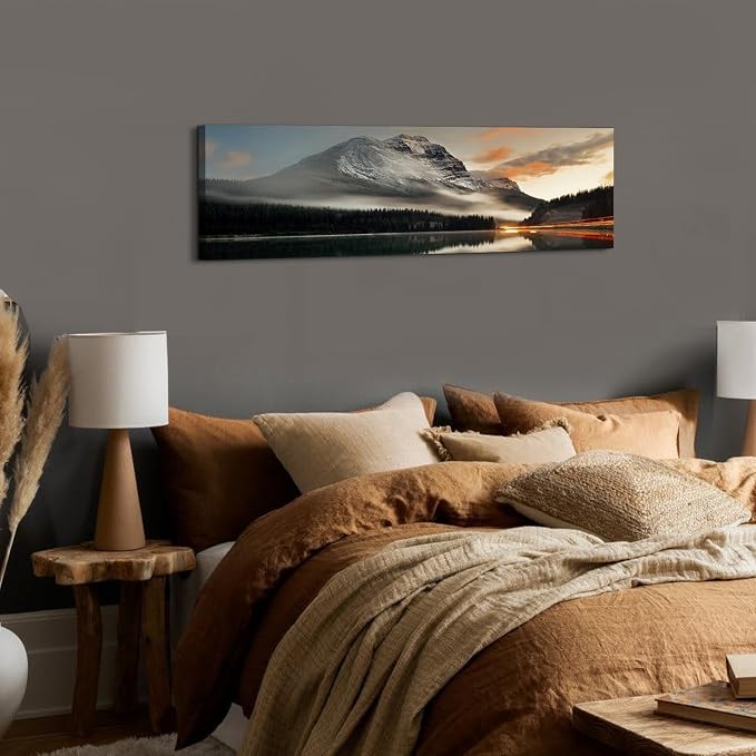 Sunset Mountain Landscape Canvas Wall Art for Living Room Wall Decor 14x48" Black and White Nature Forest River Scenery Picture Prints Paintings Artwork for Bedroom Bathroom Office Home Decoration