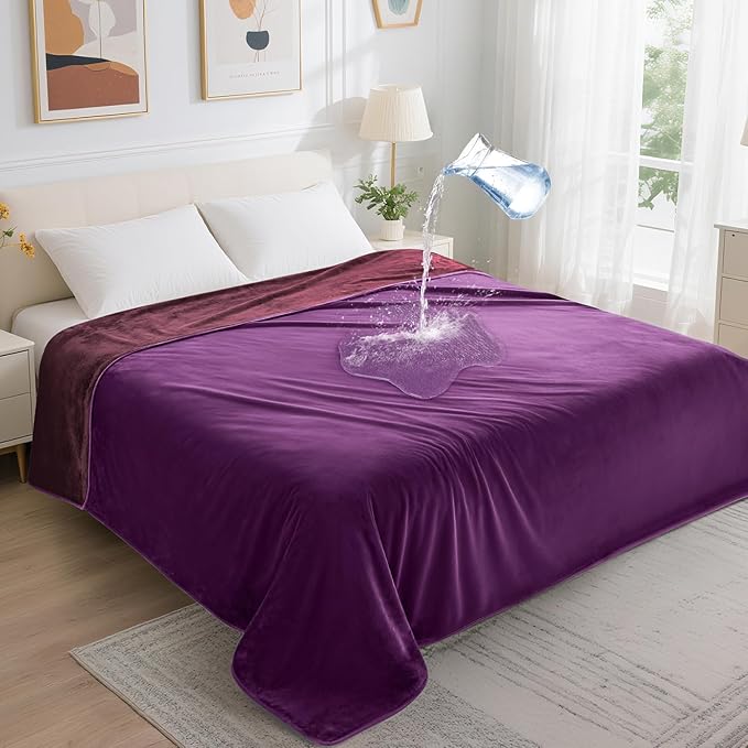 LOOBANI Waterproof Blanket for King Bed, Reversible Purple Flannel 85"x108" | Waterproof Dog Blankets for Large Dogs, Spill-Proof Sofa Cover for Family Movie Nights, Camping, Travel, Noise Free