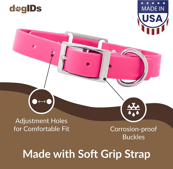 dogIDs Personalized Dog Collar – ScruffTag Custom Waterproof Biothane Dog Collar with Laser-Engraved Name, Durable & Odor-Resistant – USA Made | Pink, 1 in x 16 in (Fits Neck Sizes 14-18 in)