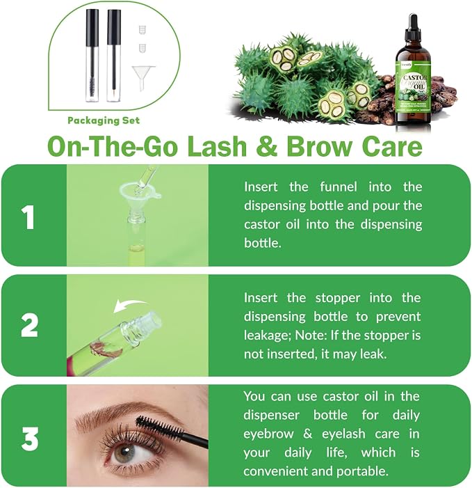 20 Pcs Castor Oil Patches with Organic Cold-Pressed Castor Oil (2.03oz) in Glass Bottle, Cotton Pack for Joints & Belly, Self-Adhesive & Disposable - Bonus Eyelash Care Kit