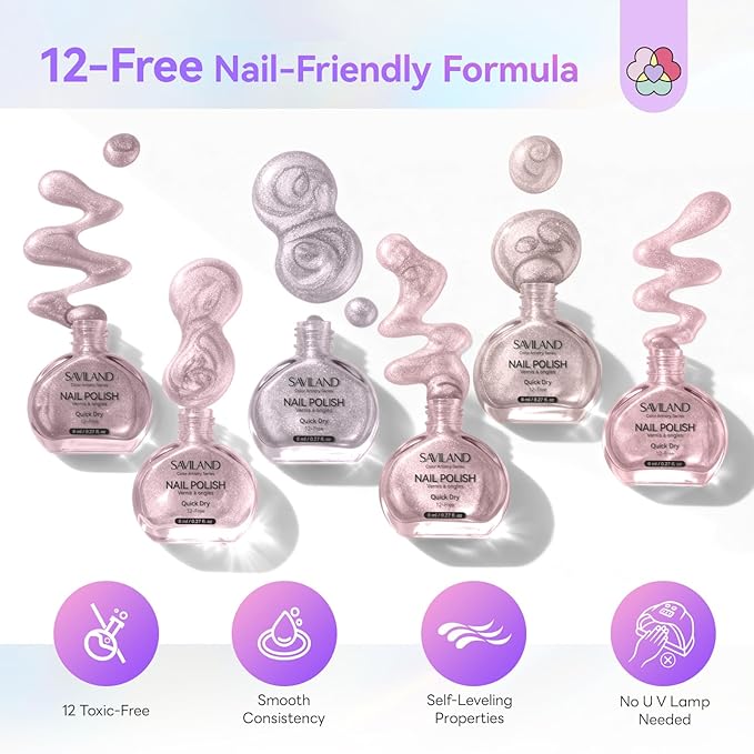SAVILAND Cat Eye Nail Polish Kit: 6+1 Colors Quick-Dry Magnetic Sparkle Diamond Glitter Nude Pink Nail Polish Set with 3-in-1 Base Top Coat Cuticle Oil 12-Free Fingernail Polish Women Gift