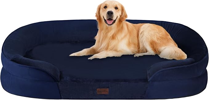 Dwanton Orthopedic Waterproof Large Dog Bed Sofa, Gel Memory Foam, 42" | Egg-Crate Foam Dog Sofa, Washable Pet Bed with Four Sided Bolster Cushion, Removable Cover & Non-Slip Bottom, Navy Blue