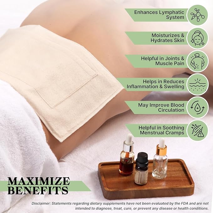 LONDON LINENS 100% Natural Cotton Flannel Castor Oil Pack Wrap - Unbleached, Reusable Castor Oil Wrap for Abdomen, Joints & Other Areas with Front Pocket for Hot & Cold Pack (Pack of 6)